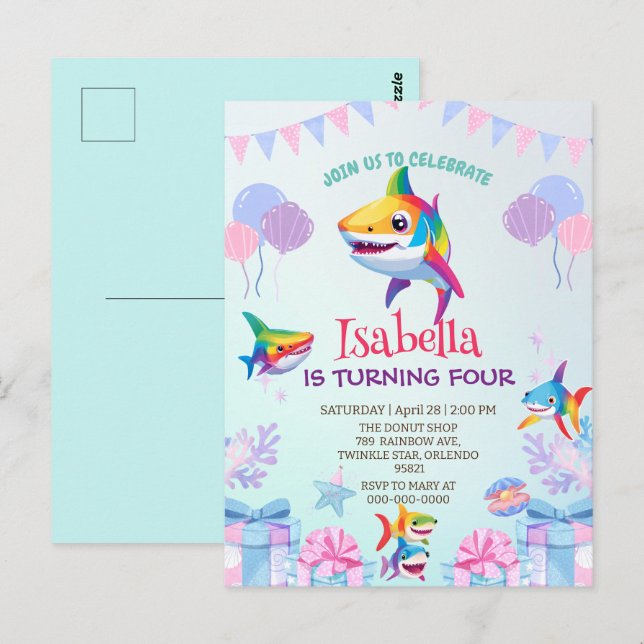 Rolig regnbågshaj födelsedagsballongfest Familj  Vykort (Fram/baksida)