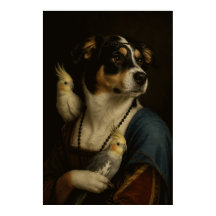 Rolig renässanshund och nymfparakit-målning poster