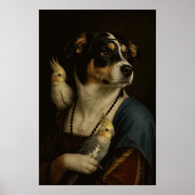 Rolig renässanshund och nymfparakit-målning poster (Framsidan)