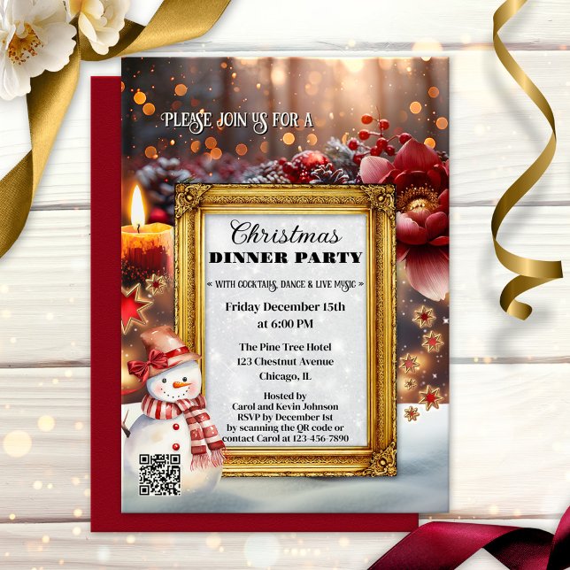 Rolig Retro Chic Julfest Inbjudningar (Fun whimsical Christmas dinner party invitation featuring seasonal illustrations)