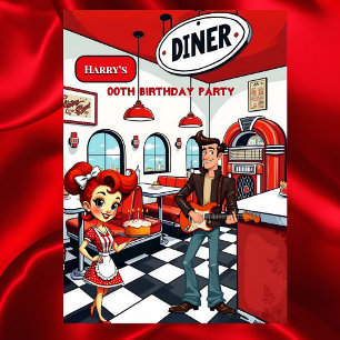 Rolig Retro Diner Födelsedagsfest Röd Vit Rocker Inbjudningar