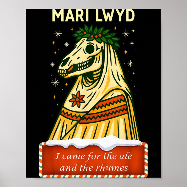 Rolig Retro Folklore Skelett Häst Mari Lwyd Jul Poster (Framsidan)