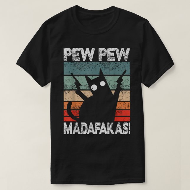 Rolig Retro Katt Pew Pew Konst T Shirt (Design framsida)