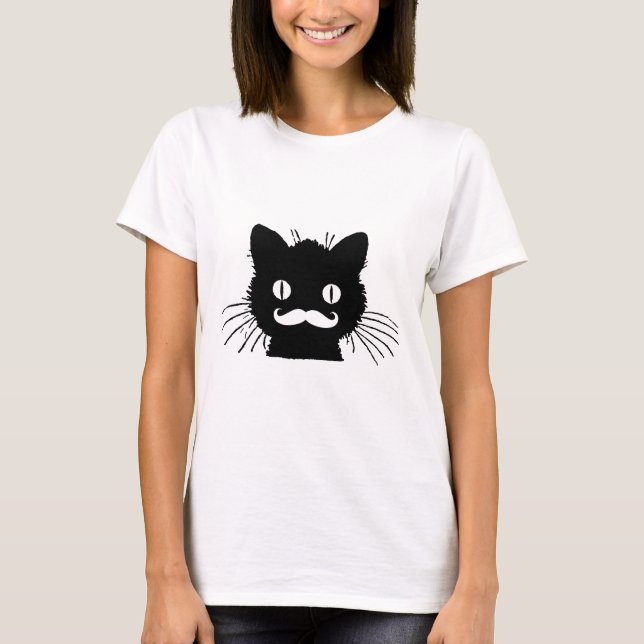 ROLIG RETRO MUSTASCH PÅ SVART KATTUNGE T-SHIRT (Framsida)