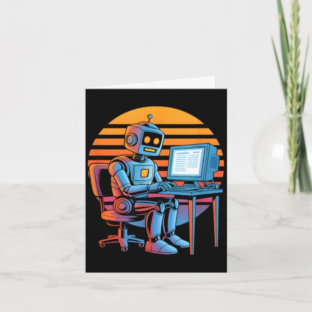 Rolig retro robot kodar datorskärm Rolig ret Kort (Framsida)