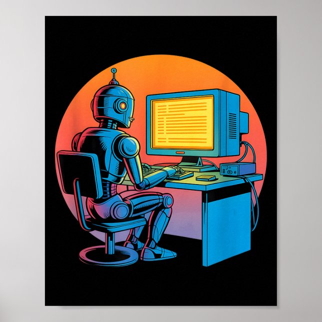 Rolig retro robot som kodar datorskärm Rolig ret Poster (Framsidan)