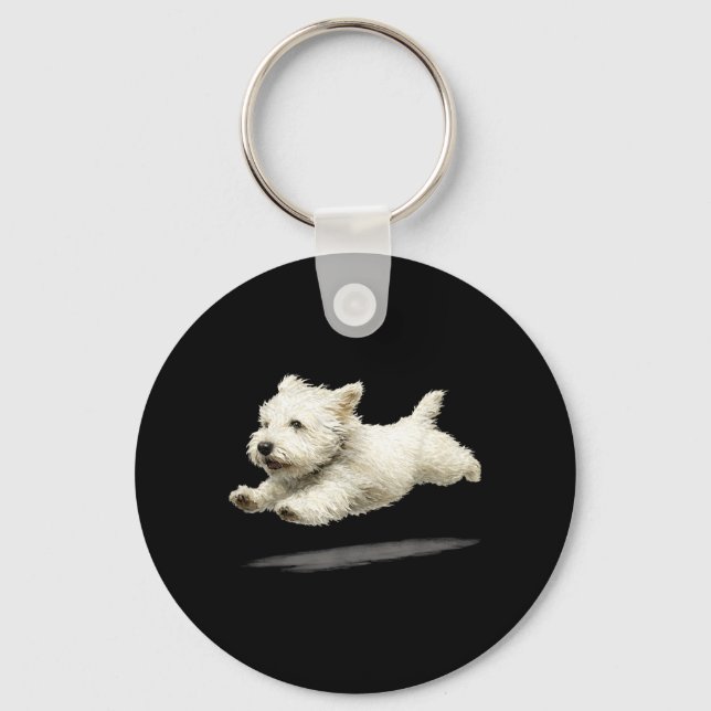 Rolig Retro Söt Löpt Hund Konst Vit Valp Nyckelring (Framsida)