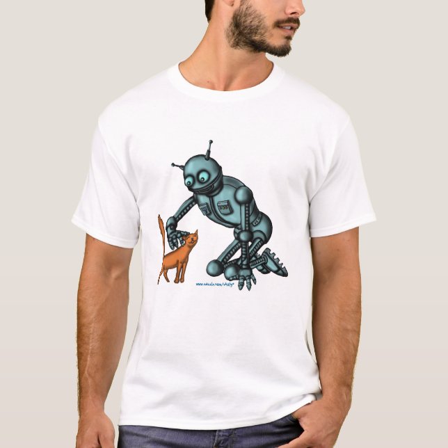 Rolig robot- och kattt-skjorta design tee (Framsida)