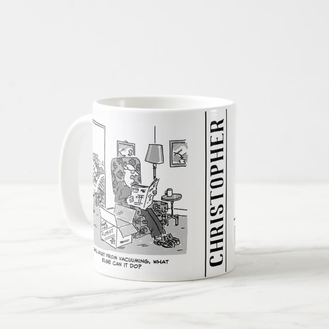 Rolig robottecknad. Hustrun är i sängen med en rob Kaffemugg (Framsida vänster)