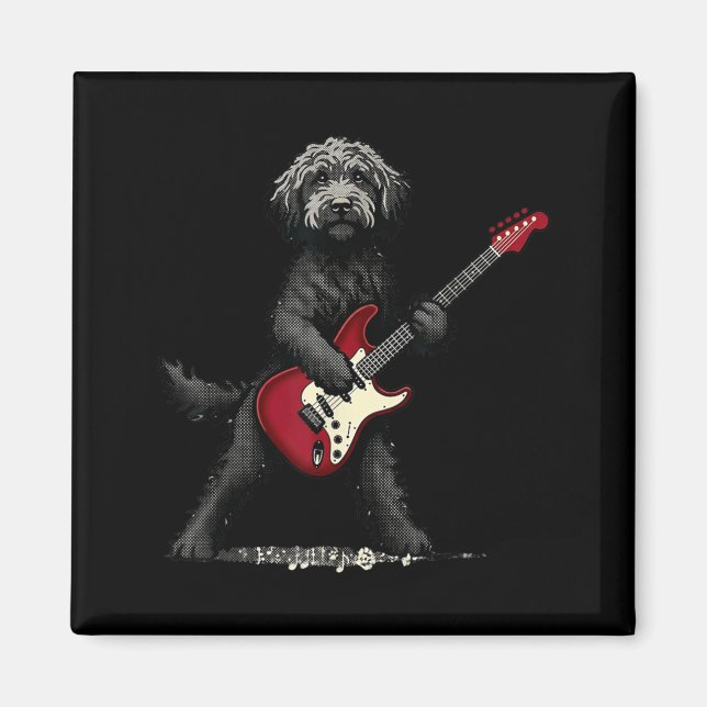 Rolig Rock Goldendoodle Hund Spelar Gitarr Musik Magnet (Framsidan)