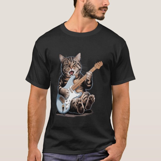 Rolig Rockstjärna Katt Spelar Elgitarr Musici T Shirt (Framsida)