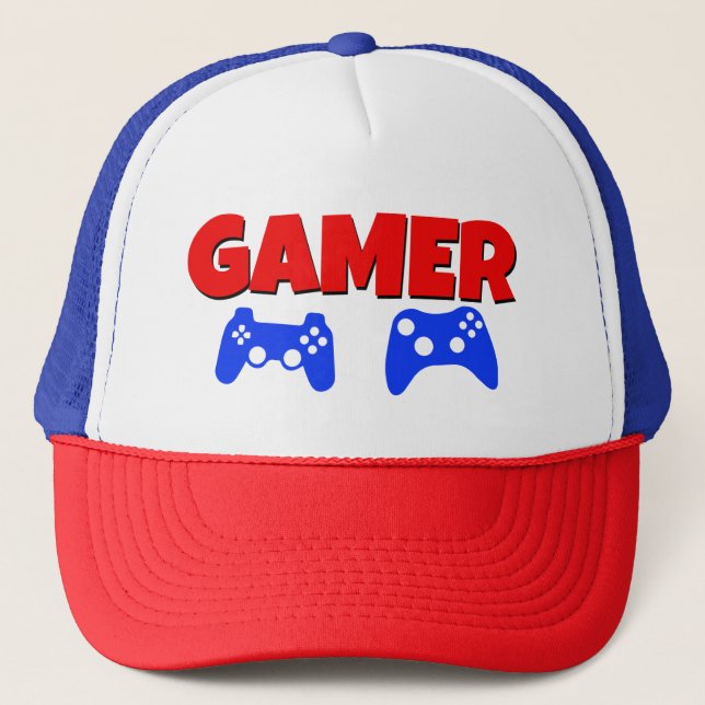 Rolig röd Gamerhatt och blått Truckerkeps (Framsida)