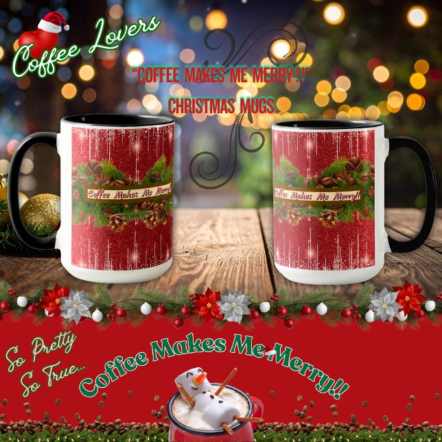 Rolig Röd "Kaffet Gör Mig Glad" Kaffeälskares Mugg (Funny red and sparkly silver icicle "Coffee Makes Me Merry" coffee bean garland Christmas mug)