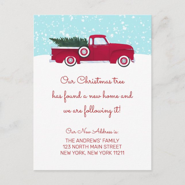 Rolig röd retro lastbil julgran rörlig meddelande vykort (Framsida)