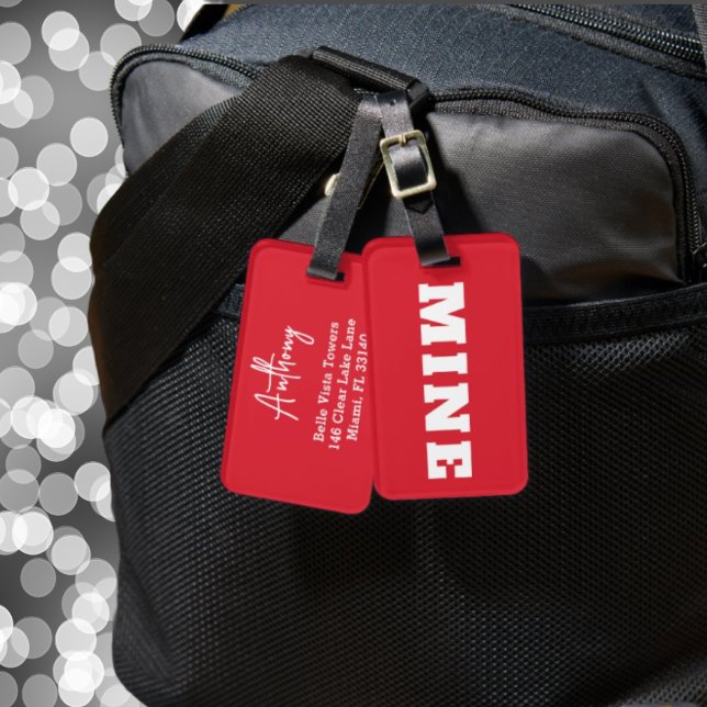 Rolig Röd Vit MINE Personlig Väska Etikett Bagagebricka (Skapare uppladdad)