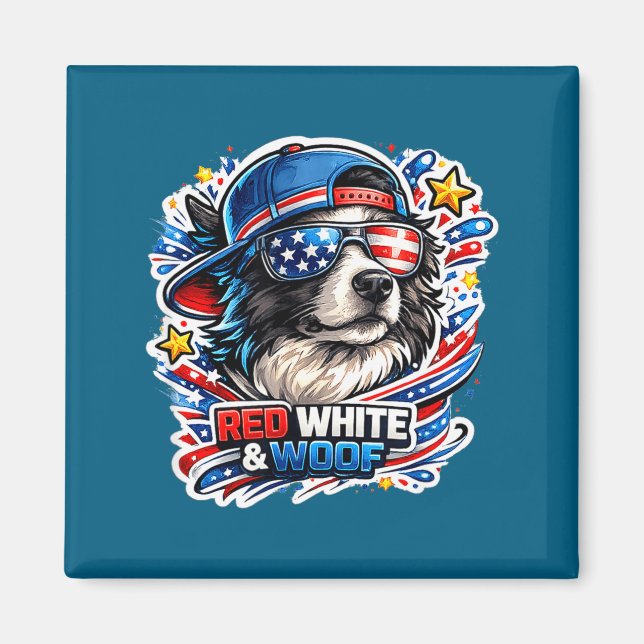 Rolig röd vit och voff border collie hund magnet (Framsidan)