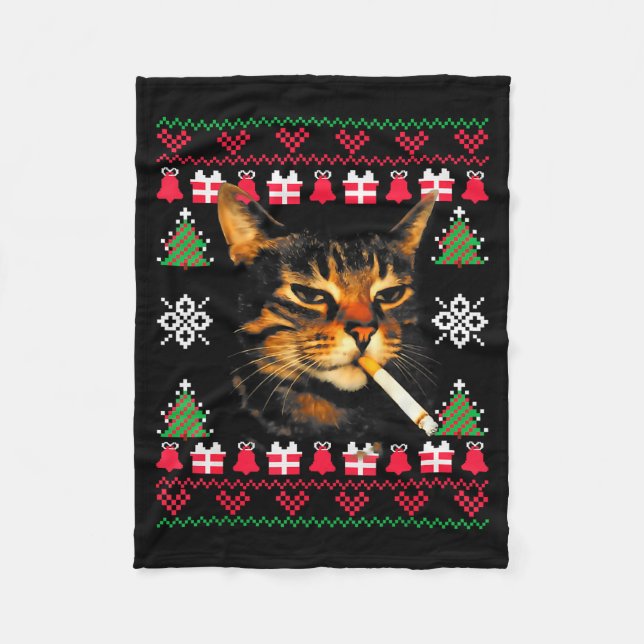 Rolig Rökande Katt Meme Fula Jultröja För  Fleecefilt (Framsidan)