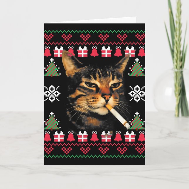 Rolig Rökande Katt Meme Fula Jultröja För  Kort (Framsida)