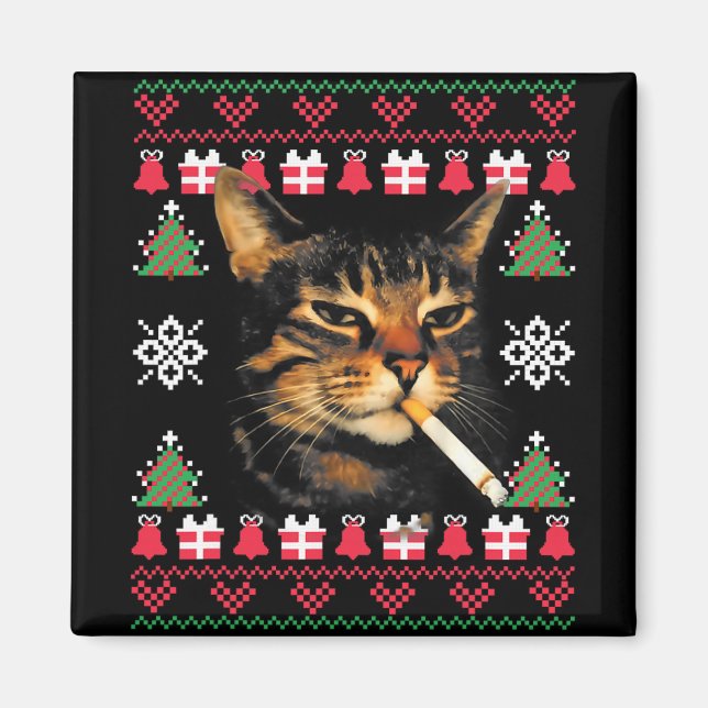Rolig Rökande Katt Meme Fula Jultröja För  Magnet (Framsidan)