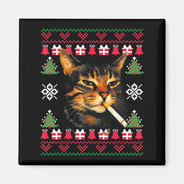 Rolig Rökande Katt Meme Fula Jultröjor För  Magnet (Framsidan)