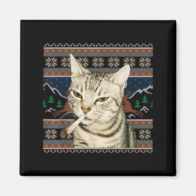 Rolig Rökande Katt Meme Jul Ful Sweater Katt  Magnet (Framsidan)
