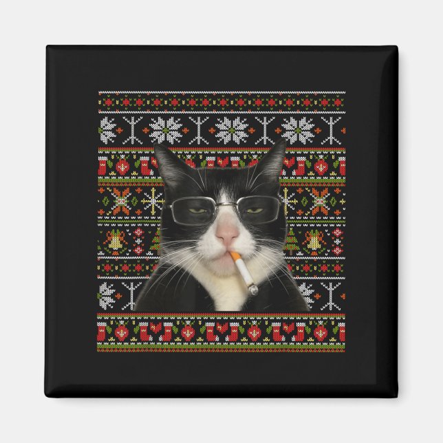 Rolig Rökande Katt Meme Jul Fula Tröja Katt  Magnet (Framsidan)