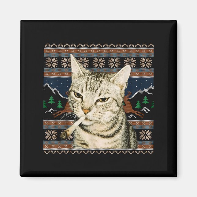 Rolig Rökande Katt Meme Jul Fula Tröja Katt  Magnet (Framsidan)