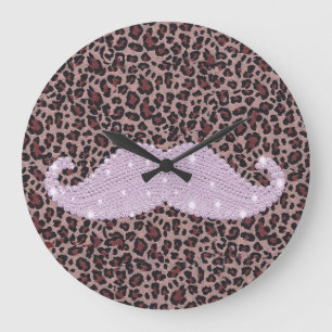 Rolig rosa Bling mustasch och djurt tryckmönster Stor Klocka