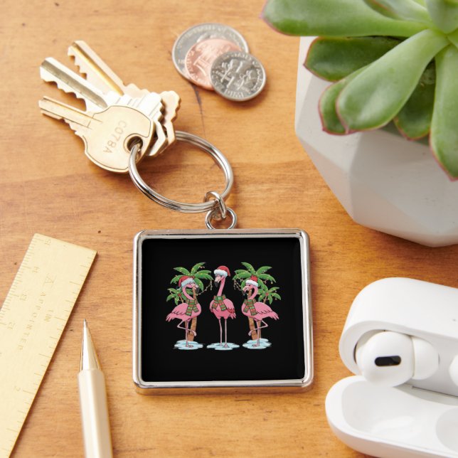 Rolig Rosa Flamingo "Drömmer om en Rosa Jul" Fyrkantig Silverfärgad Nyckelring (Skrivbord)