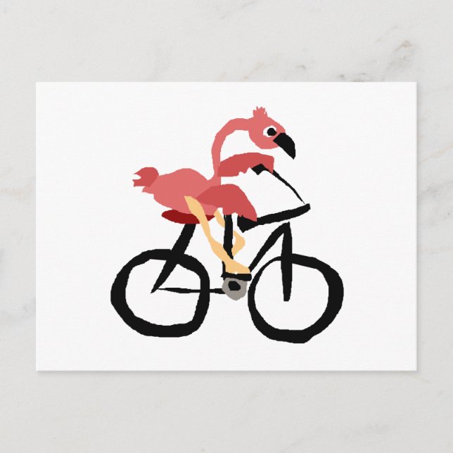 Rolig Rosa Flamingo Fågel på Cykel Vykort (Framsida)