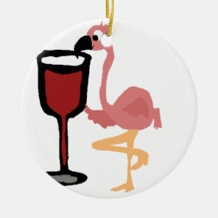 Rolig rosa Flamingo som dricker rött vin Julgransprydnad Keramik