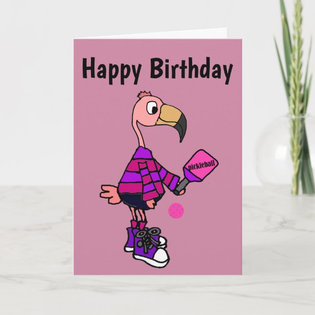 Rolig rosa Flamingo som leker den Pickleball Kort (Framsida)