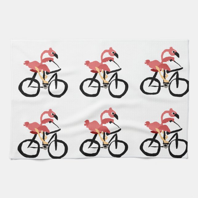 Rolig rosa Flamingofågel på cykeln Kökshandduk (Horisontell)