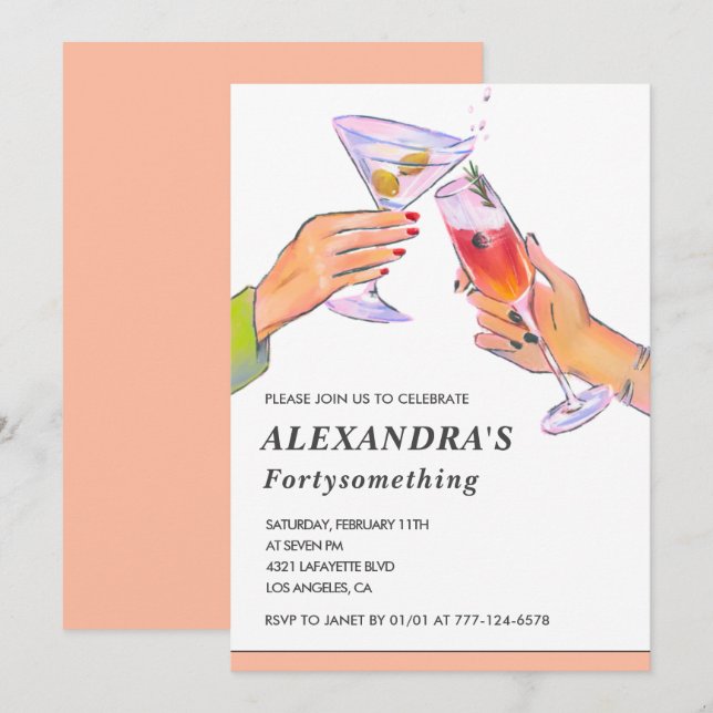 Rolig Rosa Guld Cocktail Champagne 43-årsdag Inbjudningar (Fram/baksida)