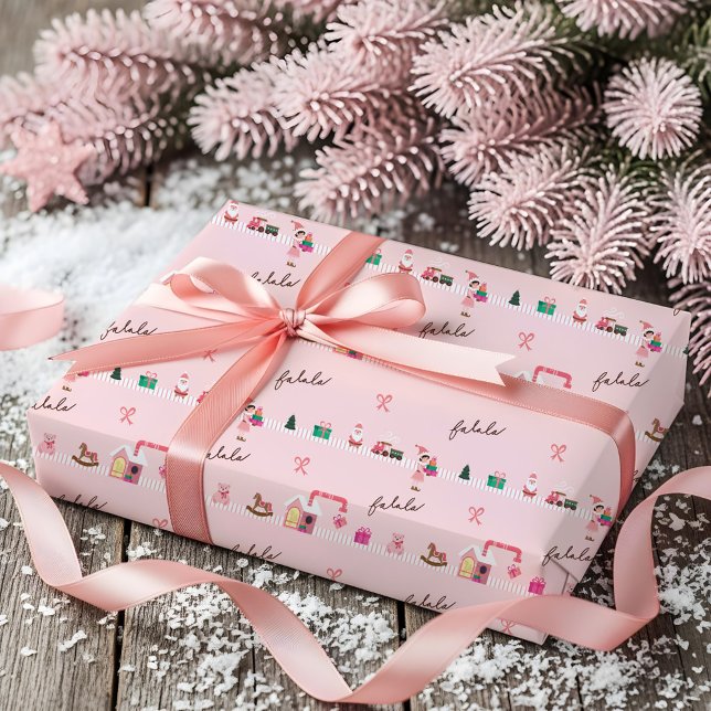 Rolig Rosa Jul Tomte Verkstads Leksaksfabrik Presentpapper (Fun Pink Chrismtas Elf Workshop Toy Factory Wrapping Paper)