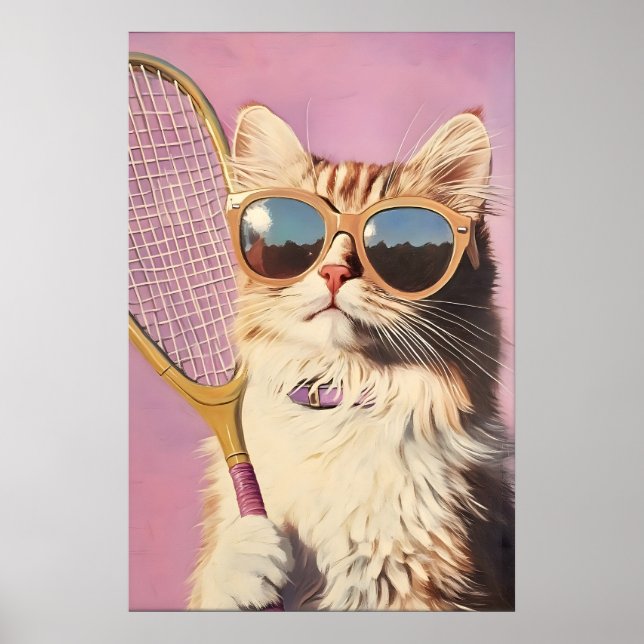 Rolig Rosa Katt Tennis Konsttryck - Söt Vägg för Poster (Framsidan)