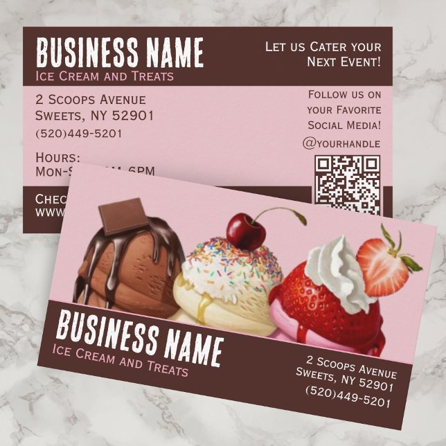 Rolig Rosa och Brun QR-kod Glass Visitkort (Ice Cream business cards with Chocolate, Vanilla, and Strawberry Ice Cream with QR Code)