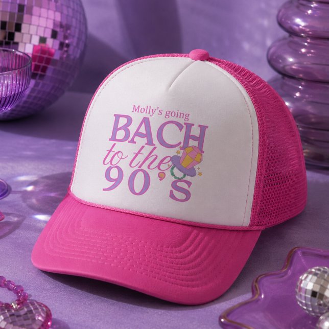 Rolig Rosa och Lila 90-tals Retro Möhippa Keps (Fun Pink and Purple 90s Retro Bachelorette Trucker Hat
)