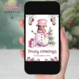 Rolig Rosa Snömannen Barn Foto Ansikte Kul Jul Julkort
