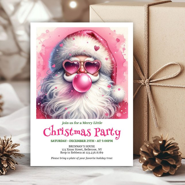 Rolig rosa tomte bubbelgummi vattenfärg jul i  inbjudningar (Fun pink santa bubble gum watercolor Christmas invite)