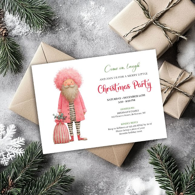 Rolig rosa tomte julfest inbjudan kort (Funny pink santa Christmas party invitation card

)