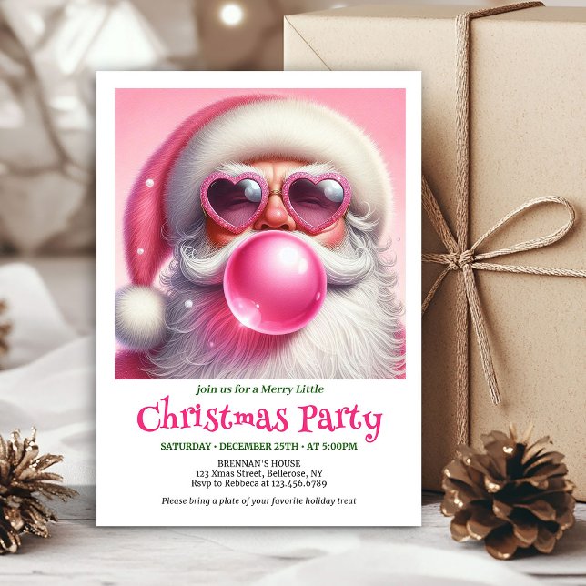 Rolig rosa tomte tuggummi vattenfärg jul inbjudan (Fun pink santa chewing gum watercolor Xmas invite)