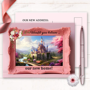 Rolig rosa vintage fotoram Ny adress Meddelande Vykort