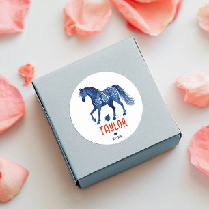 Rolig Rustik Blå Röd Häst Pony Western Akvarell Runt Klistermärke