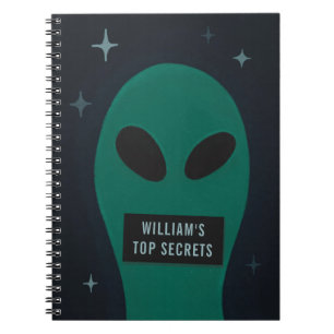 Rolig rymdälva. Humor skämt tecknad ufo. Hemlighet Anteckningsbok