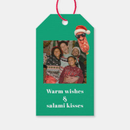 Rolig salami kyssar familjefoto jul presentetikett