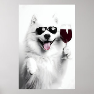 Rolig Samoyed Hund Dricker Vin Konsttryck (Digital Poster