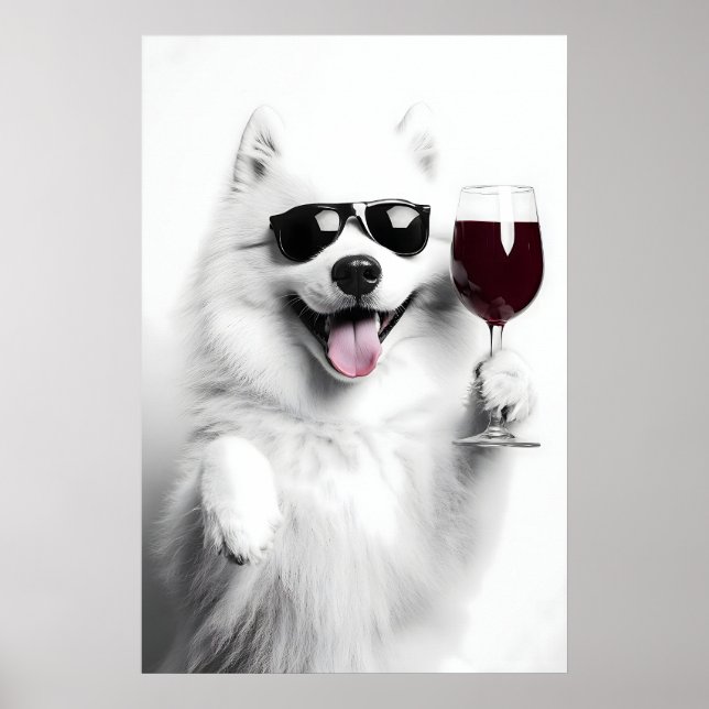 Rolig Samoyed Hund Dricker Vin Konsttryck (Digital Poster (Framsidan)