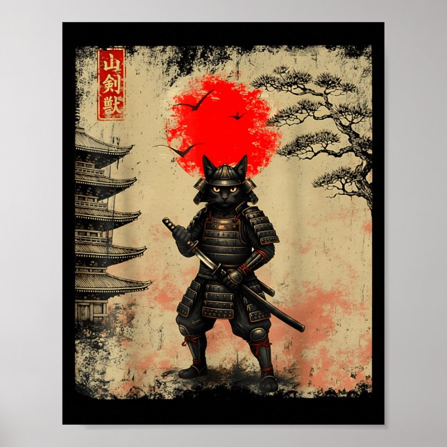 Rolig Samuraj Katt Japansk Konst Grafisk Tee Anime Poster (Framsidan)