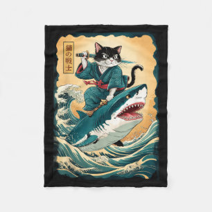 Rolig Samuraj Katt Ridande Haj Vintage Katt Anime Fleecefilt